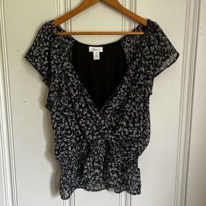 Japna Flutter Sleeve Blouse Womens XLarge Black White Floral Fold Over Front